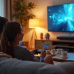 Couple in a couch playing a game and having coffee
